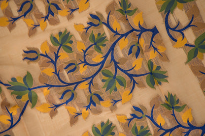 Muted Gold Cotton Silk Saree with Floral Vine Jaal & Navy Blue Border | Atulya Karigari