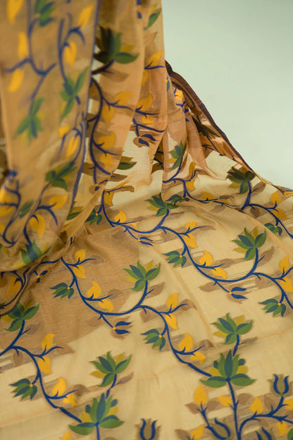 Muted Gold Cotton Silk Saree with Floral Vine Jaal & Navy Blue Border | Atulya Karigari