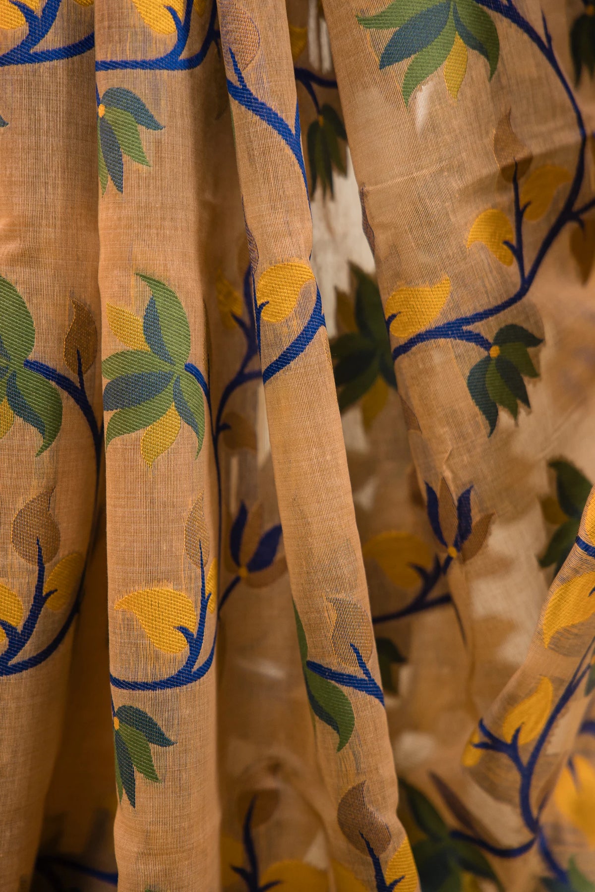 Muted Gold Cotton Silk Saree with Floral Vine Jaal & Navy Blue Border | Atulya Karigari