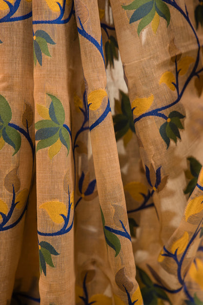 Muted Gold Cotton Silk Saree with Floral Vine Jaal & Navy Blue Border | Atulya Karigari