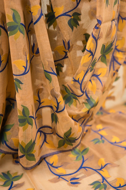 Muted Gold Cotton Silk Saree with Floral Vine Jaal & Navy Blue Border | Atulya Karigari