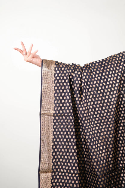 Jet Black Leaf Motif Banarasi Dupatta