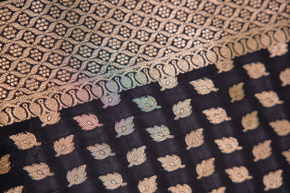 Jet Black Leaf Motif Banarasi Dupatta