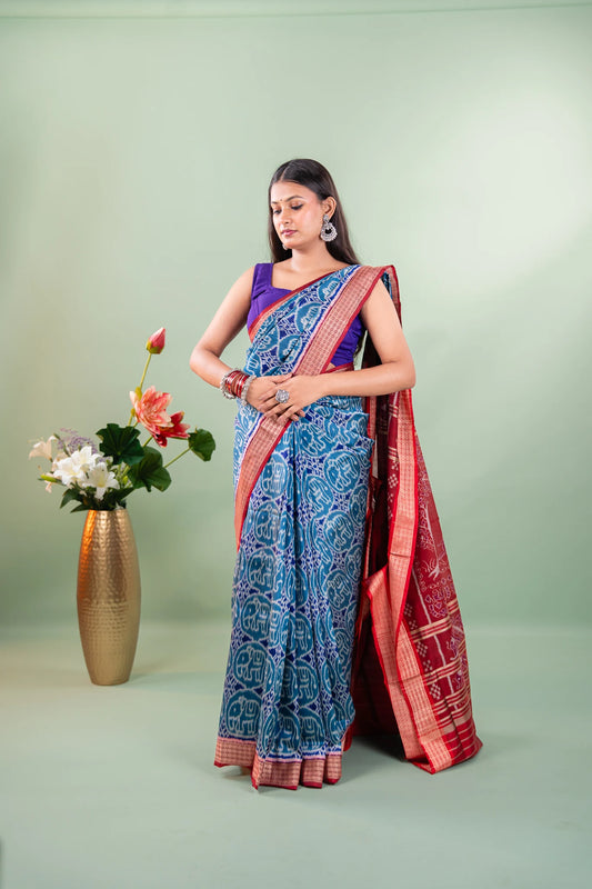 Teal Blue Elephant Motif Khandua Silk Saree