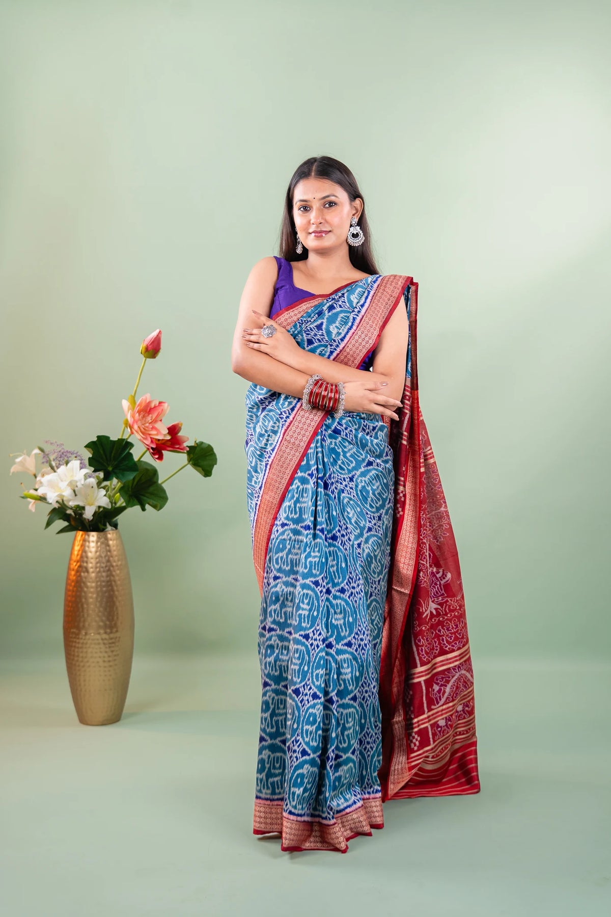 Teal Blue Elephant Motif Khandua Silk Saree