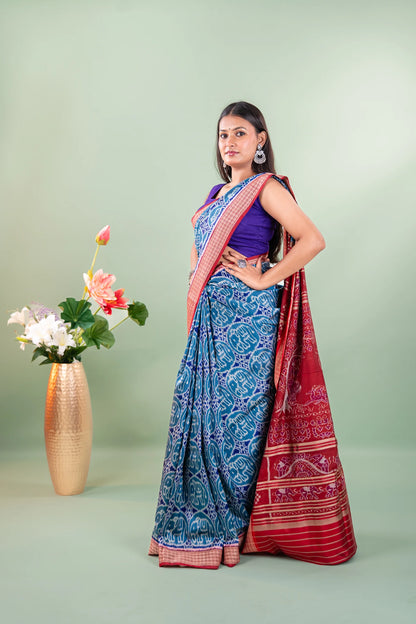 Teal Blue Elephant Motif Khandua Silk Saree