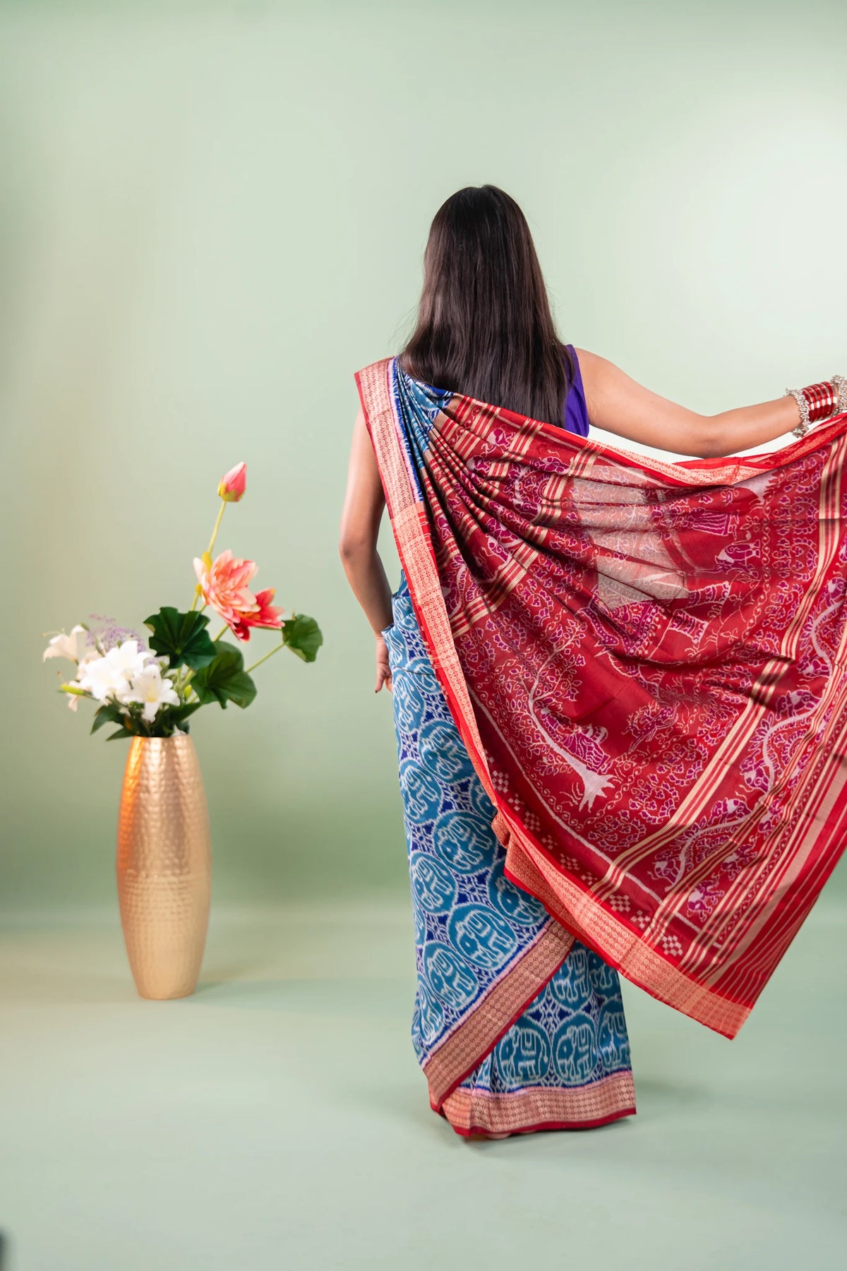 Teal Blue Elephant Motif Khandua Silk Saree