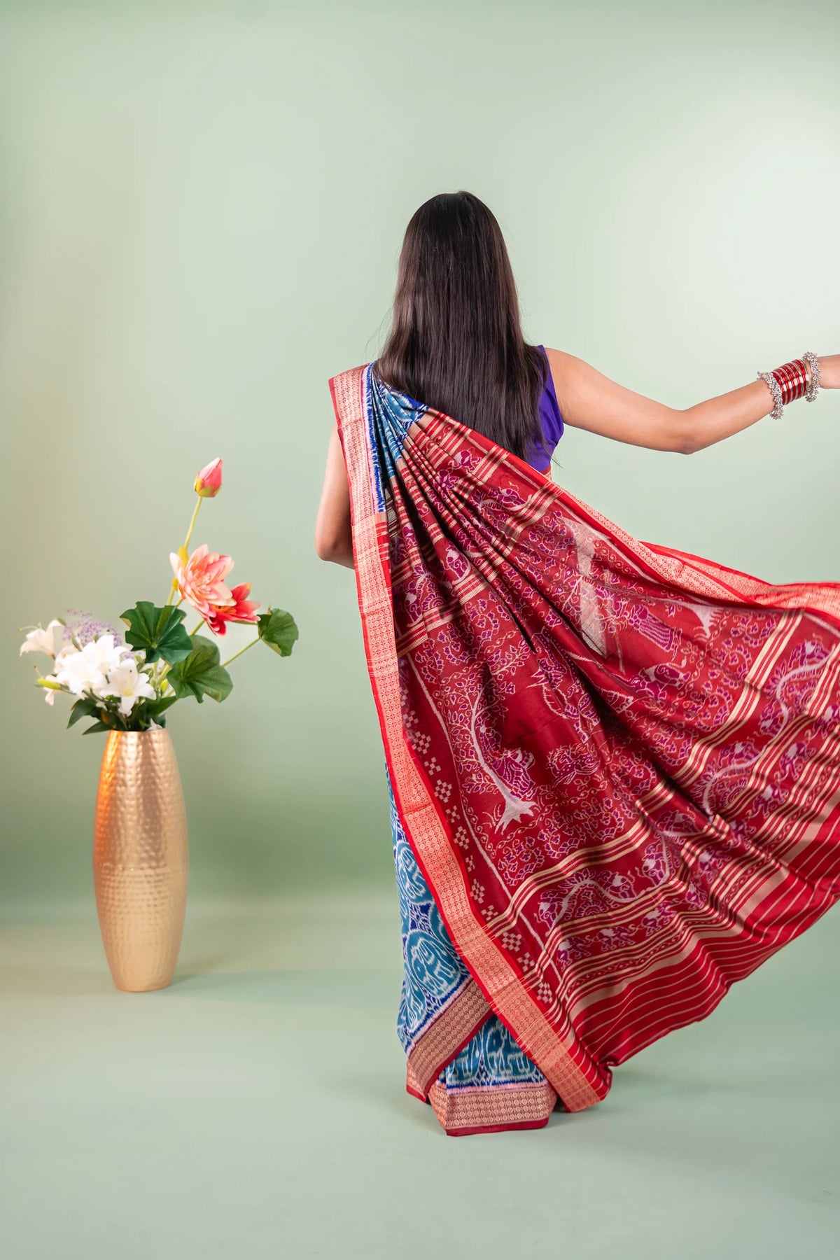 Teal Blue Elephant Motif Khandua Silk Saree
