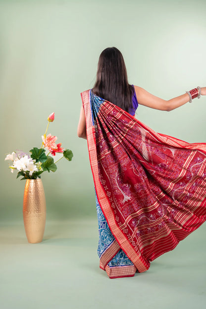Teal Blue Elephant Motif Khandua Silk Saree