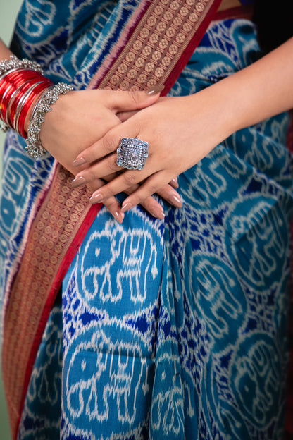 Teal Blue Elephant Motif Khandua Silk Saree