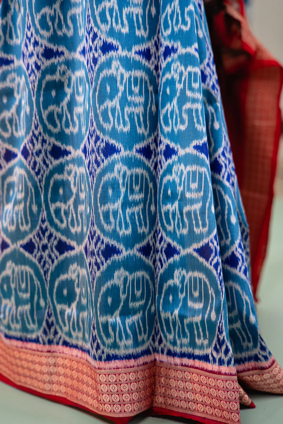 Teal Blue Elephant Motif Khandua Silk Saree