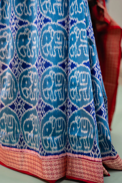 Teal Blue Elephant Motif Khandua Silk Saree