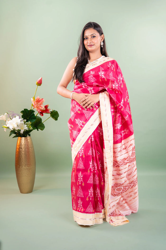 Magenta Off-White Floral Tree Khandua Silk Saree