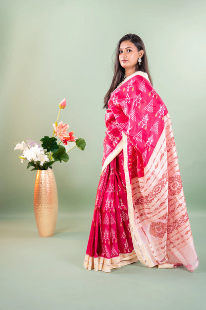 Magenta Off-White Floral Tree Khandua Silk Saree