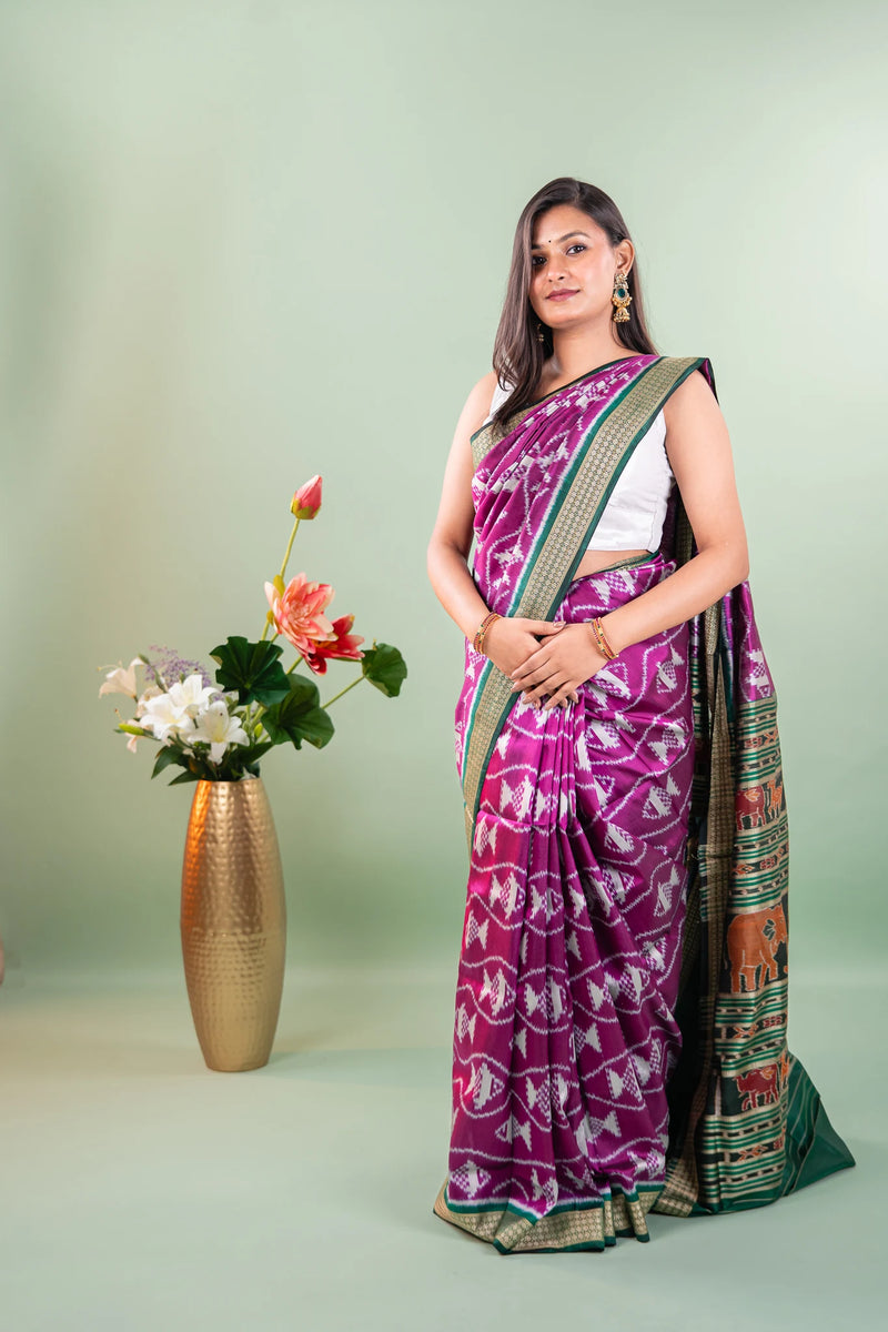 Purple Green Fish Motif Khandua Silk Saree