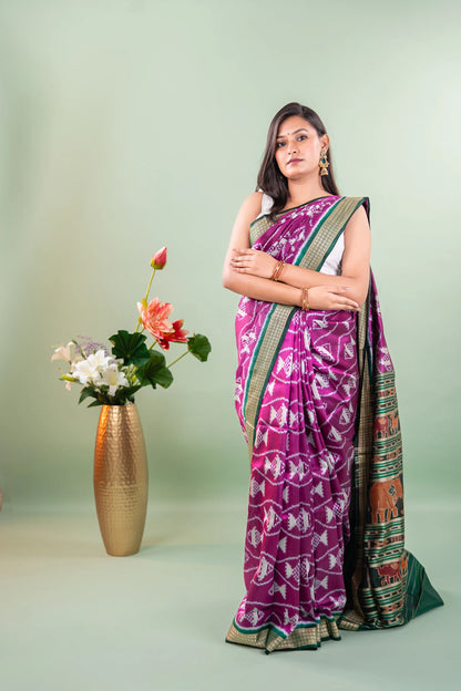 Purple Green Fish Motif Khandua Silk Saree