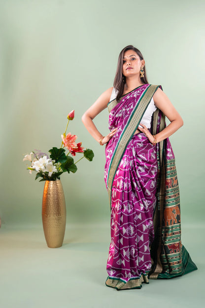 Purple Green Fish Motif Khandua Silk Saree