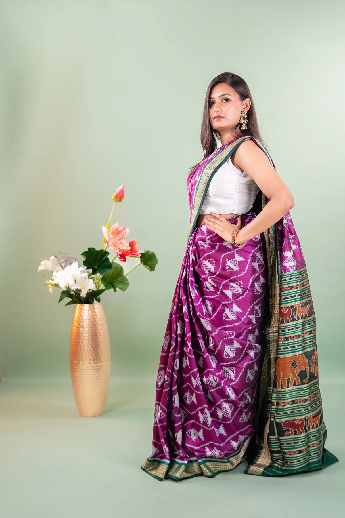 Purple Green Fish Motif Khandua Silk Saree