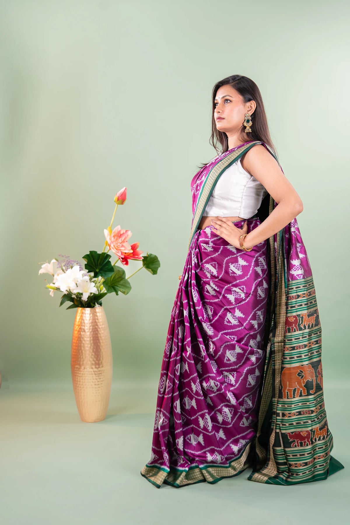 Purple Green Fish Motif Khandua Silk Saree