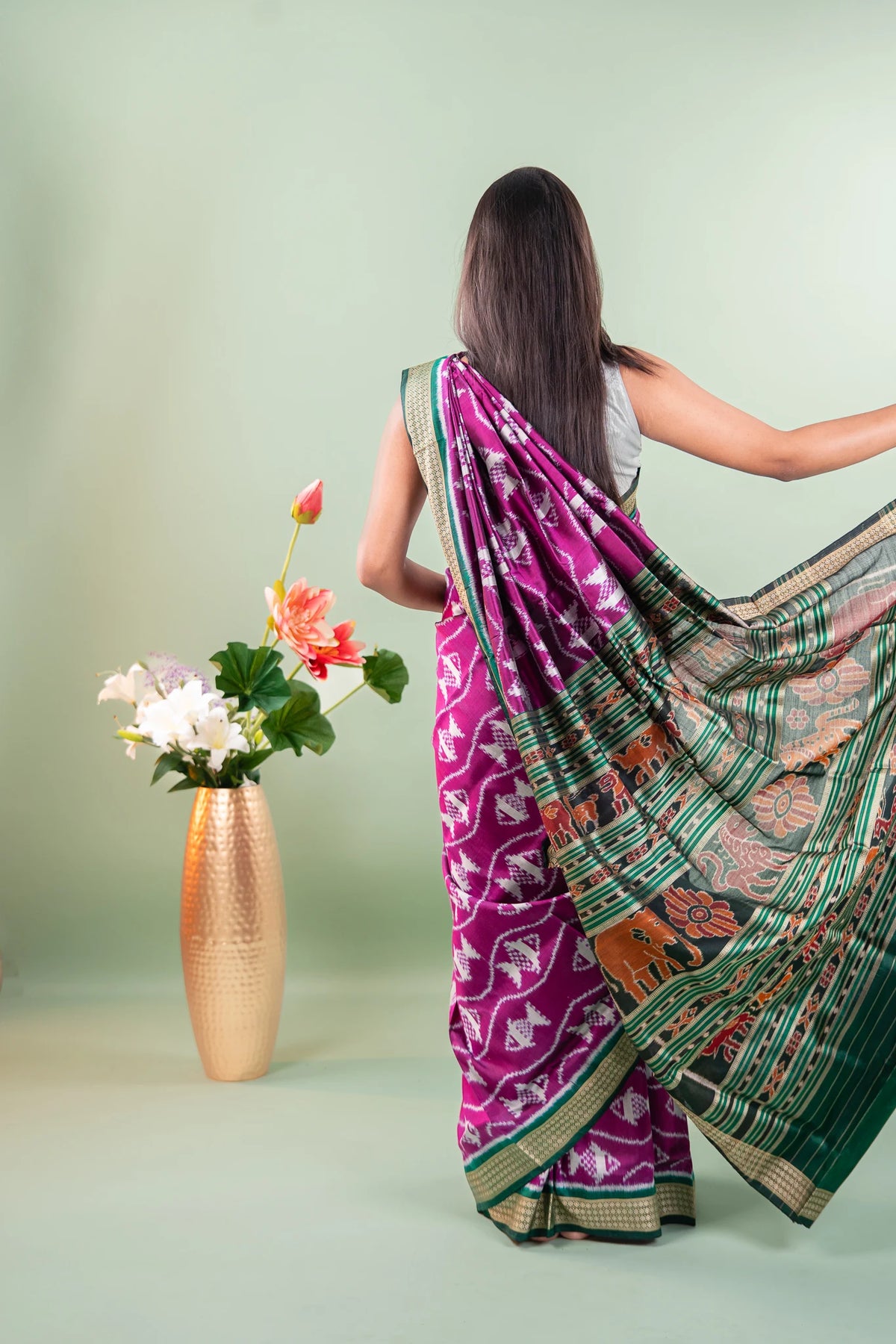 Purple Green Fish Motif Khandua Silk Saree