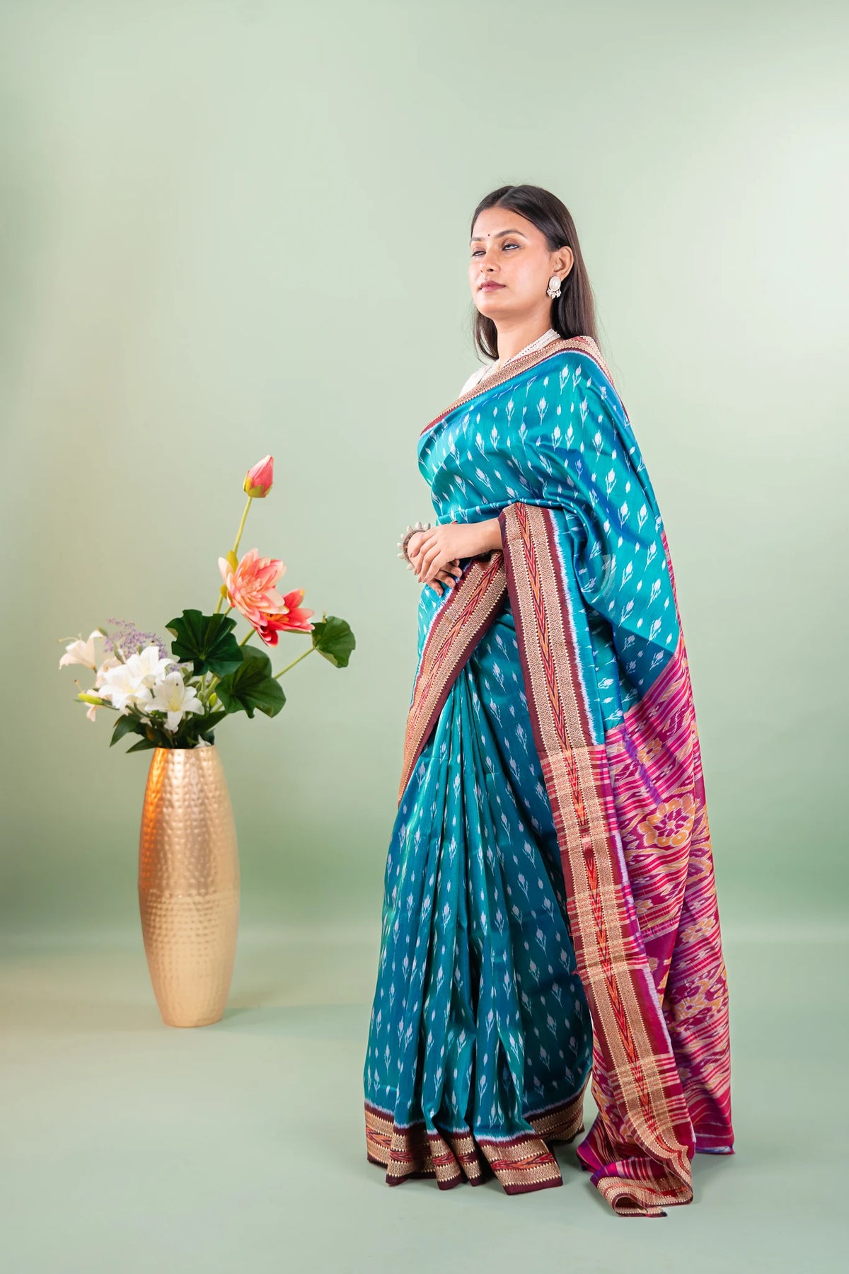 Sea Green Maroon Booti Khandua Silk Saree