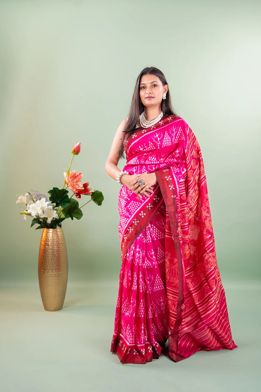 Magenta Maroon Triangle Ikat Khandua Silk Saree