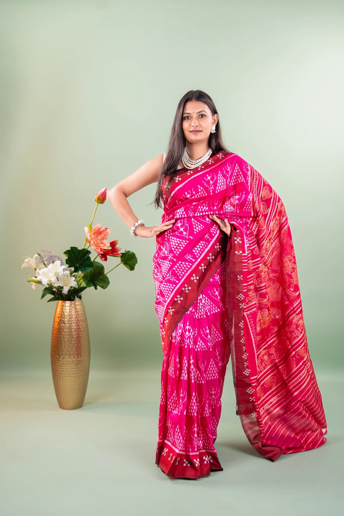 Magenta Maroon Triangle Ikat Khandua Silk Saree