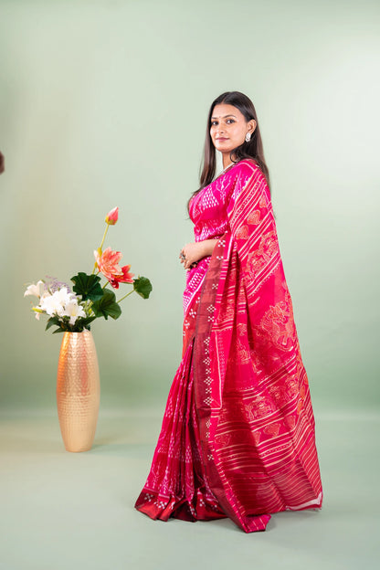 Magenta Maroon Triangle Ikat Khandua Silk Saree