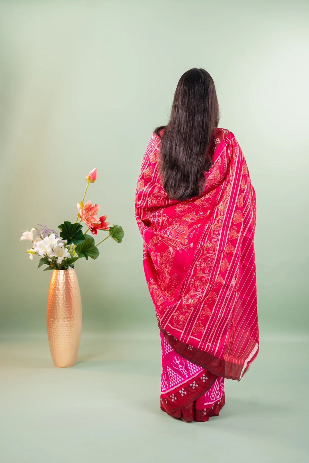 Magenta Maroon Triangle Ikat Khandua Silk Saree