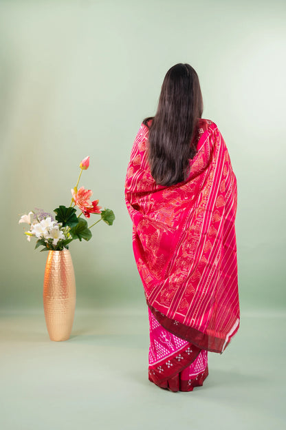 Magenta Maroon Triangle Ikat Khandua Silk Saree