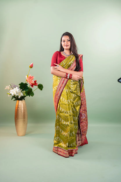 Olive Maroon Chevron Khandua Silk Saree