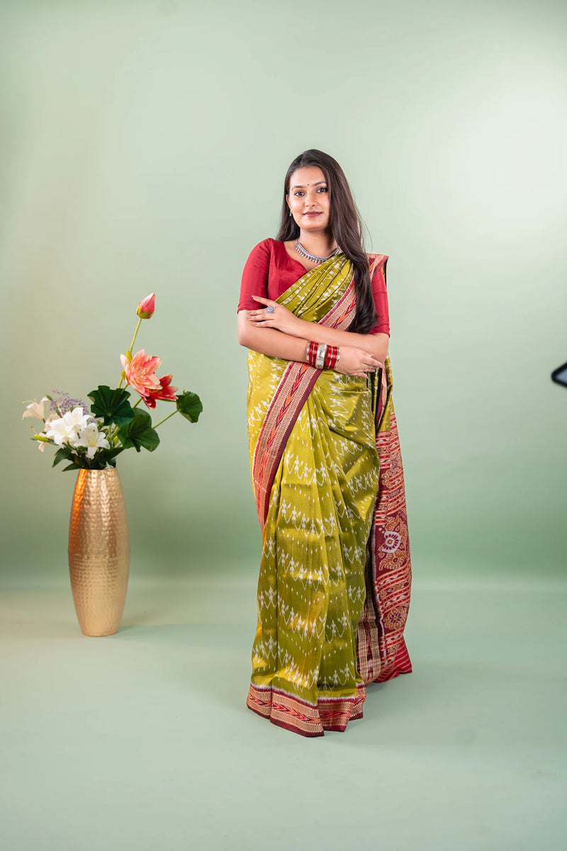 Olive Maroon Chevron Khandua Silk Saree