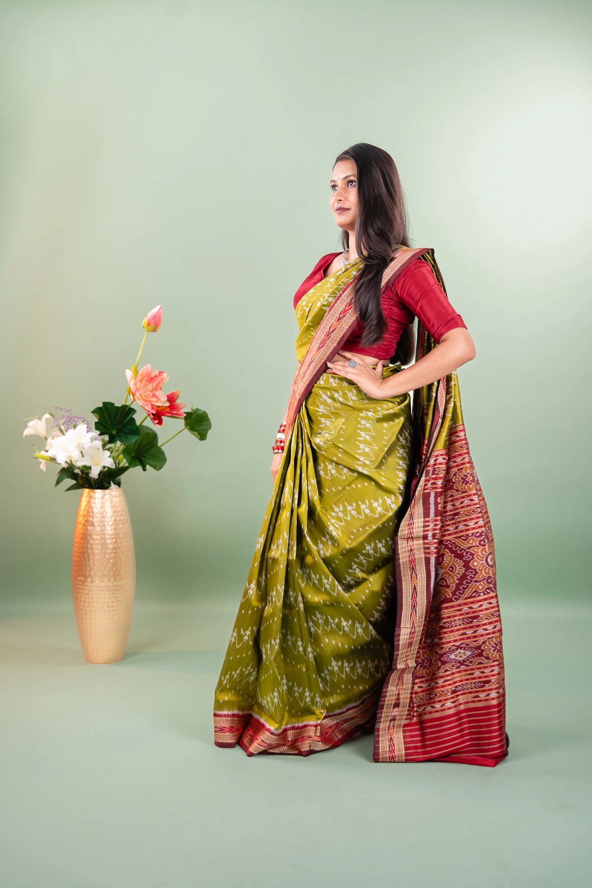 Olive Maroon Chevron Khandua Silk Saree