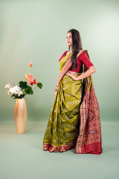Olive Maroon Chevron Khandua Silk Saree