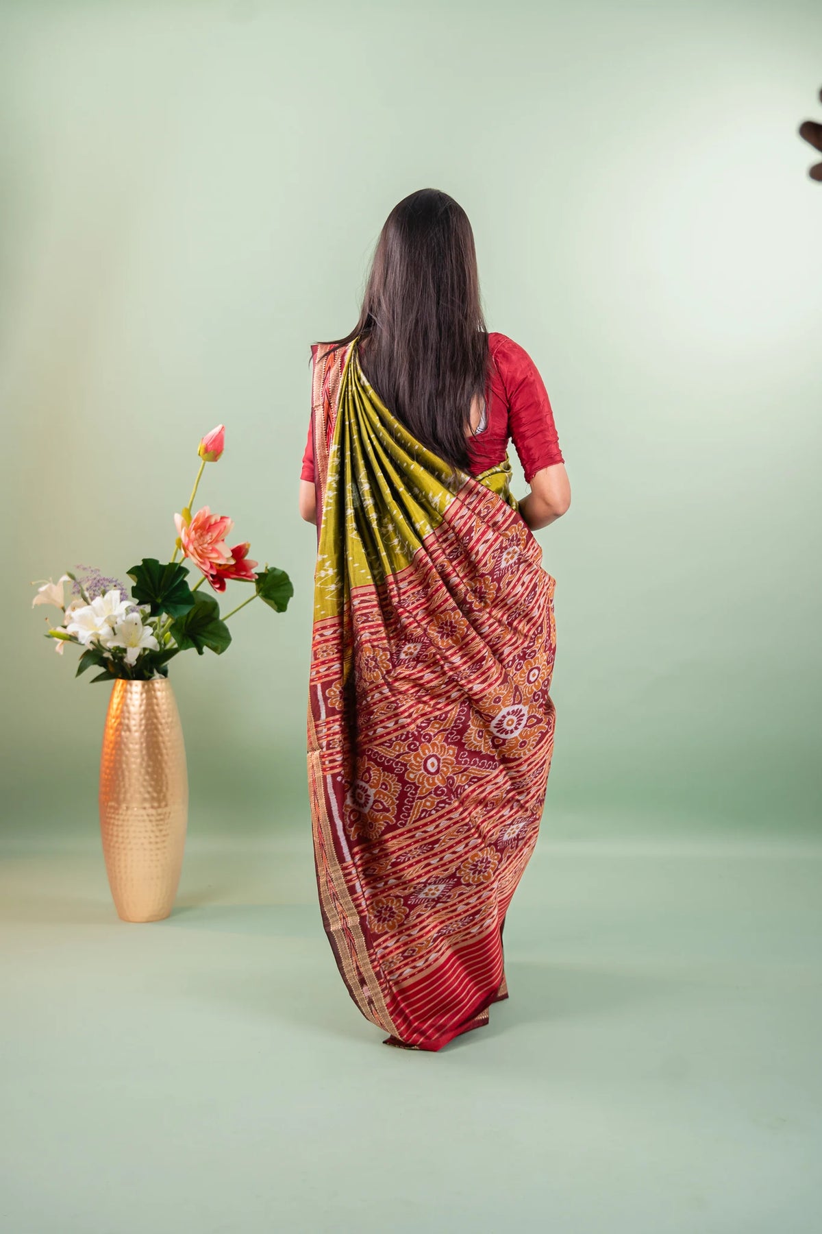 Olive Maroon Chevron Khandua Silk Saree