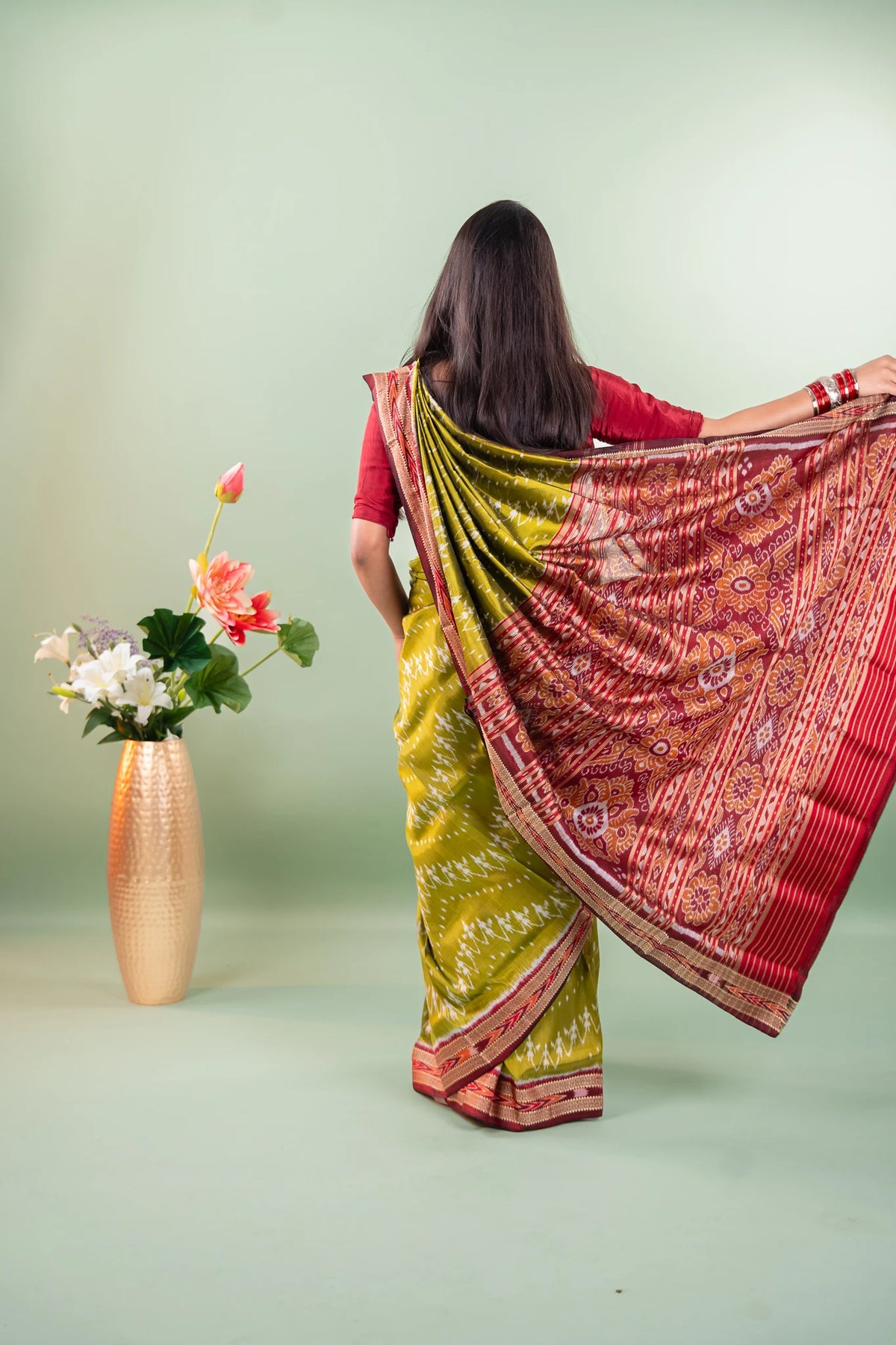 Olive Maroon Chevron Khandua Silk Saree