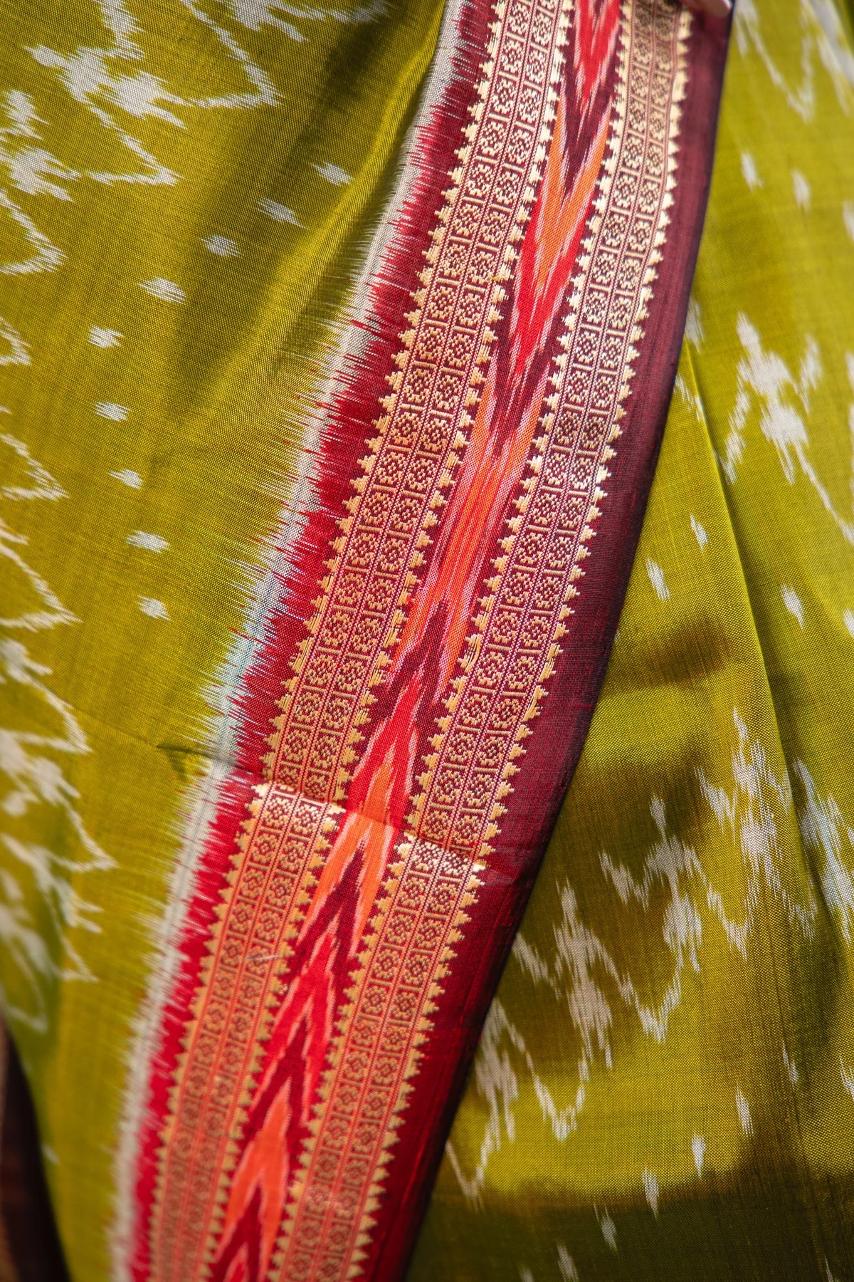 Olive Maroon Chevron Khandua Silk Saree