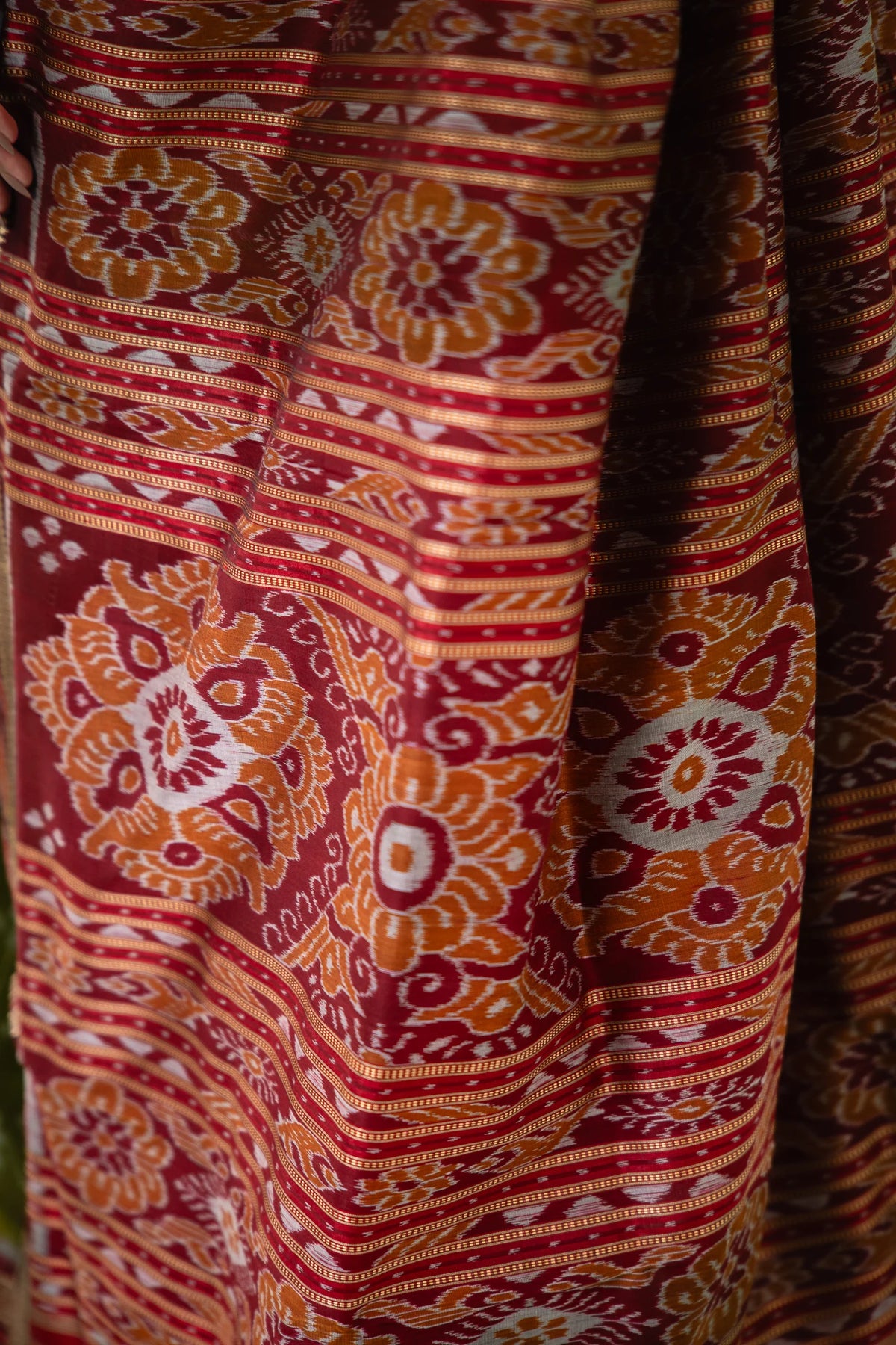 Olive Maroon Chevron Khandua Silk Saree
