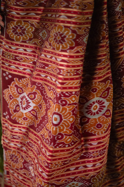Olive Maroon Chevron Khandua Silk Saree