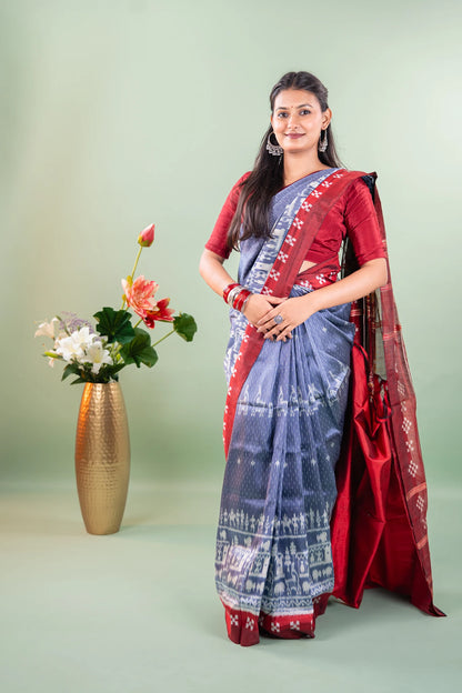 Steel Blue Red Striped Ikat Khandua Silk Saree
