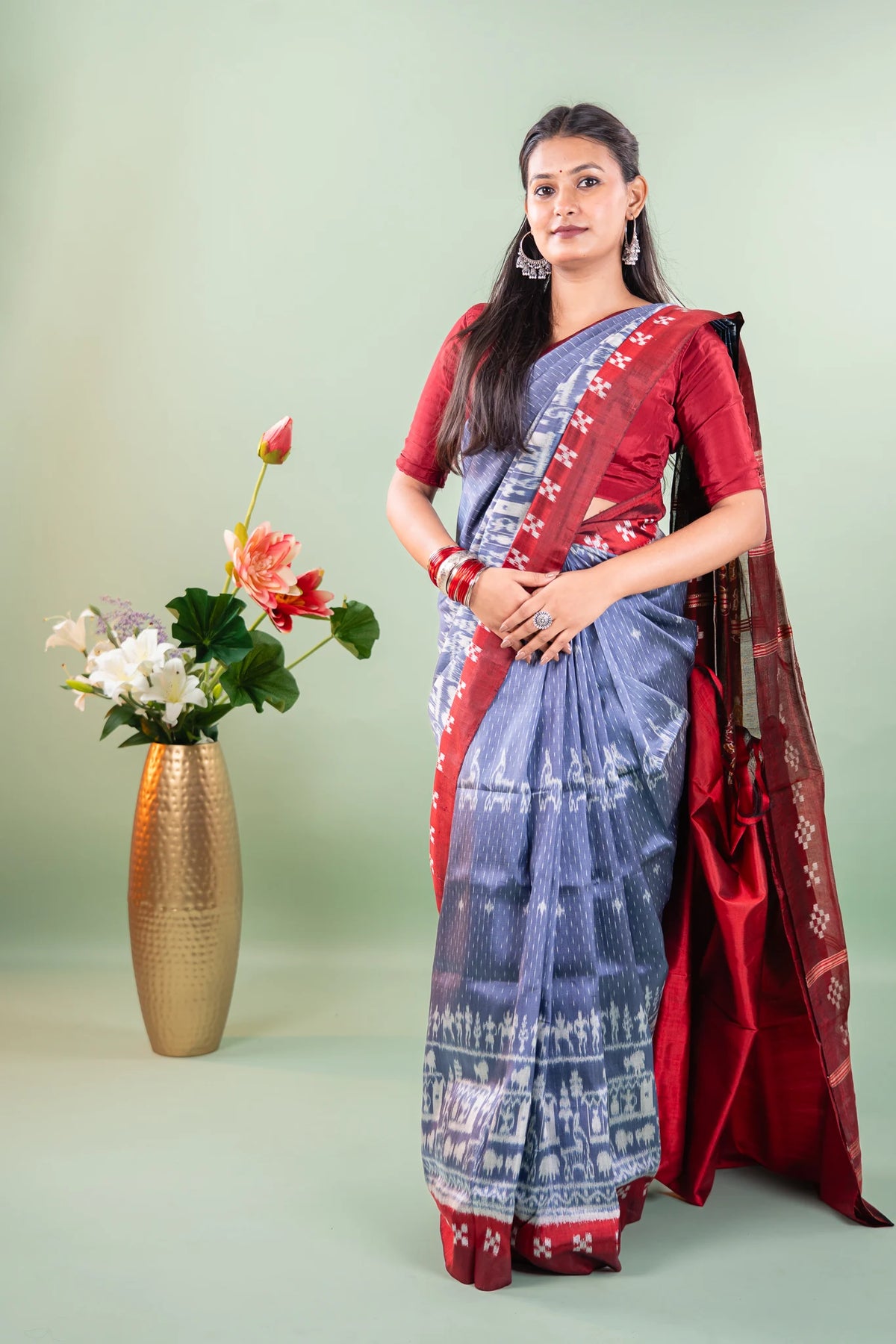 Steel Blue Red Striped Ikat Khandua Silk Saree
