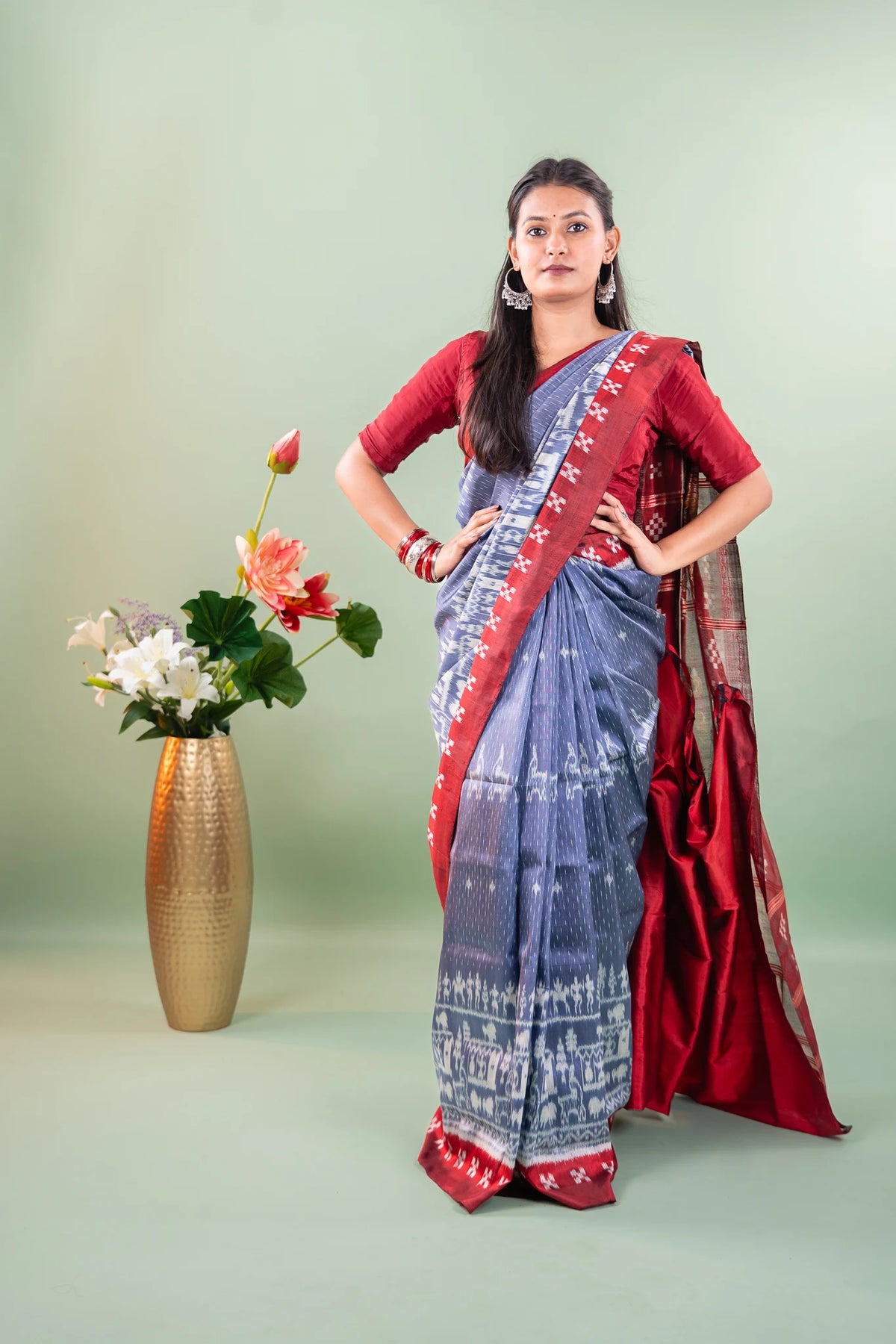 Steel Blue Red Striped Ikat Khandua Silk Saree
