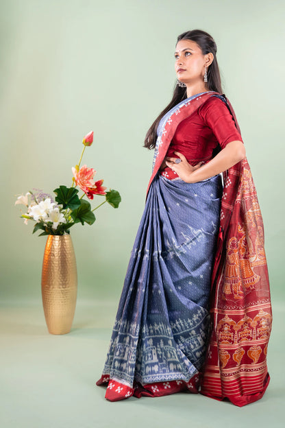 Steel Blue Red Striped Ikat Khandua Silk Saree