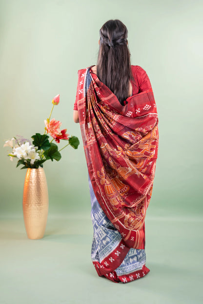 Steel Blue Red Striped Ikat Khandua Silk Saree