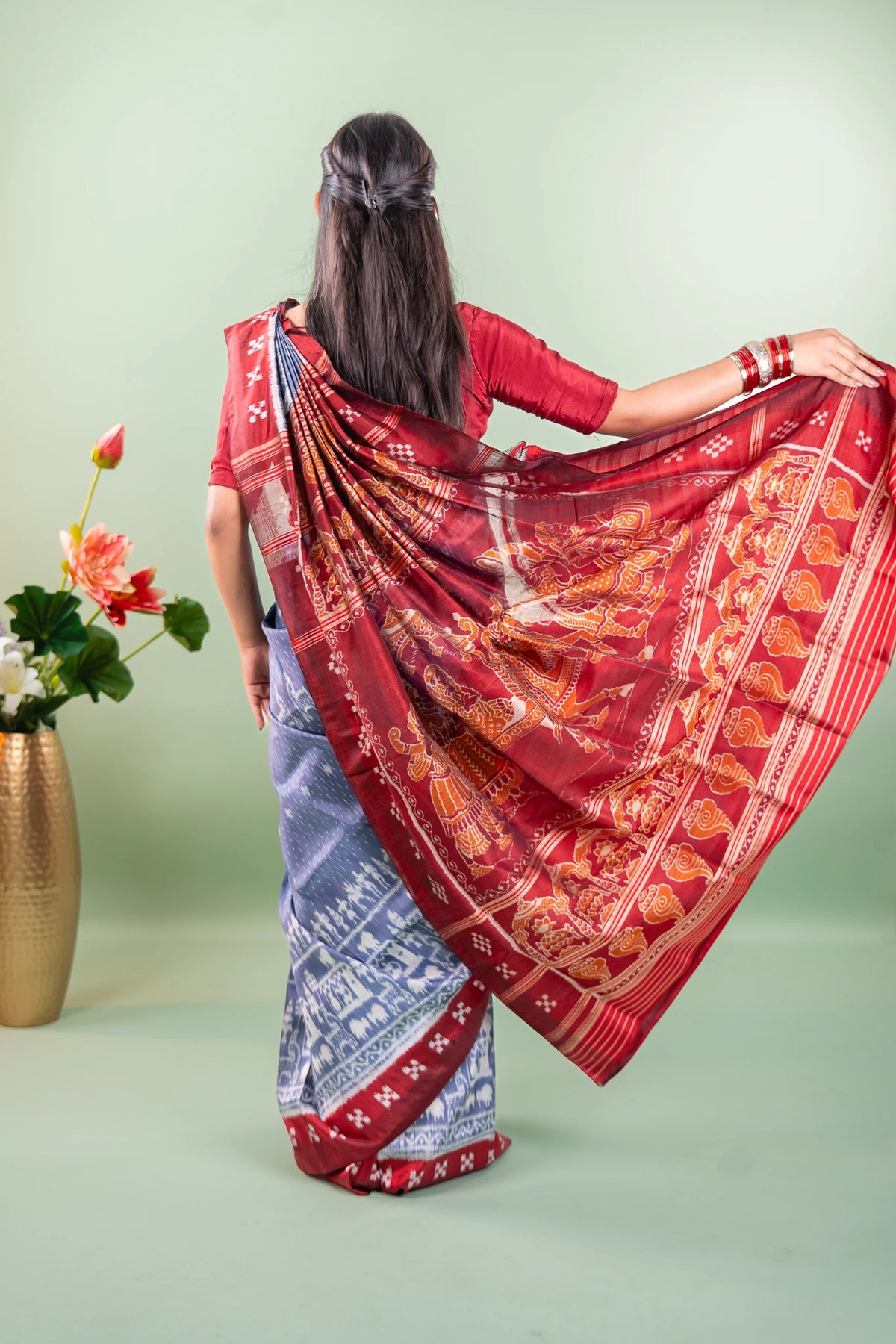 Steel Blue Red Striped Ikat Khandua Silk Saree
