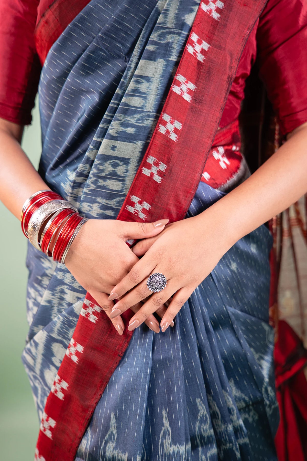 Steel Blue Red Striped Ikat Khandua Silk Saree
