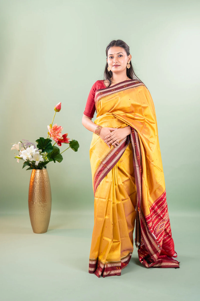 Mustard Maroon Booti Khandua Silk Saree