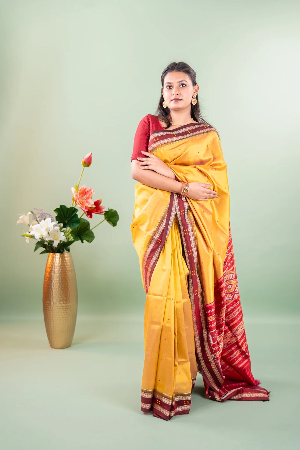 Mustard Maroon Booti Khandua Silk Saree