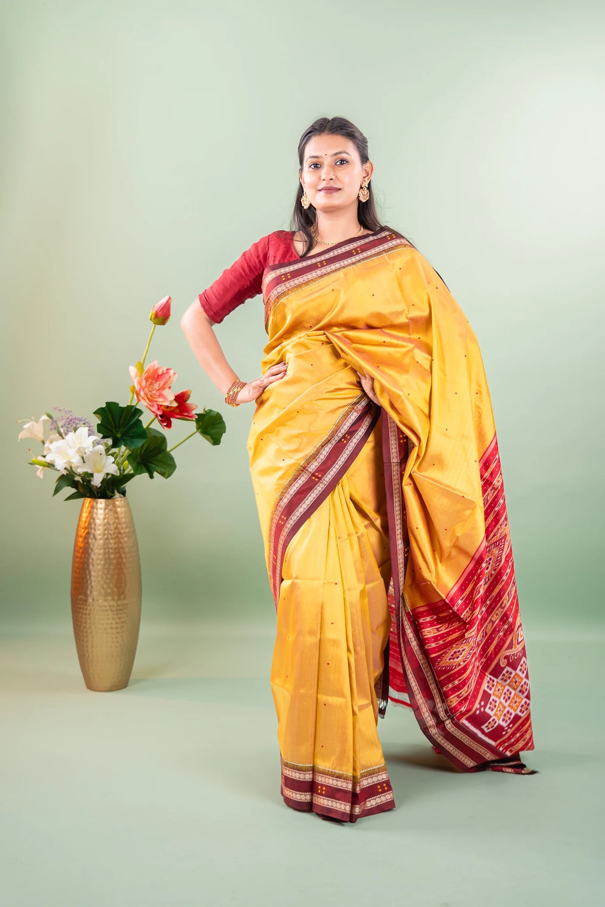 Mustard Maroon Booti Khandua Silk Saree