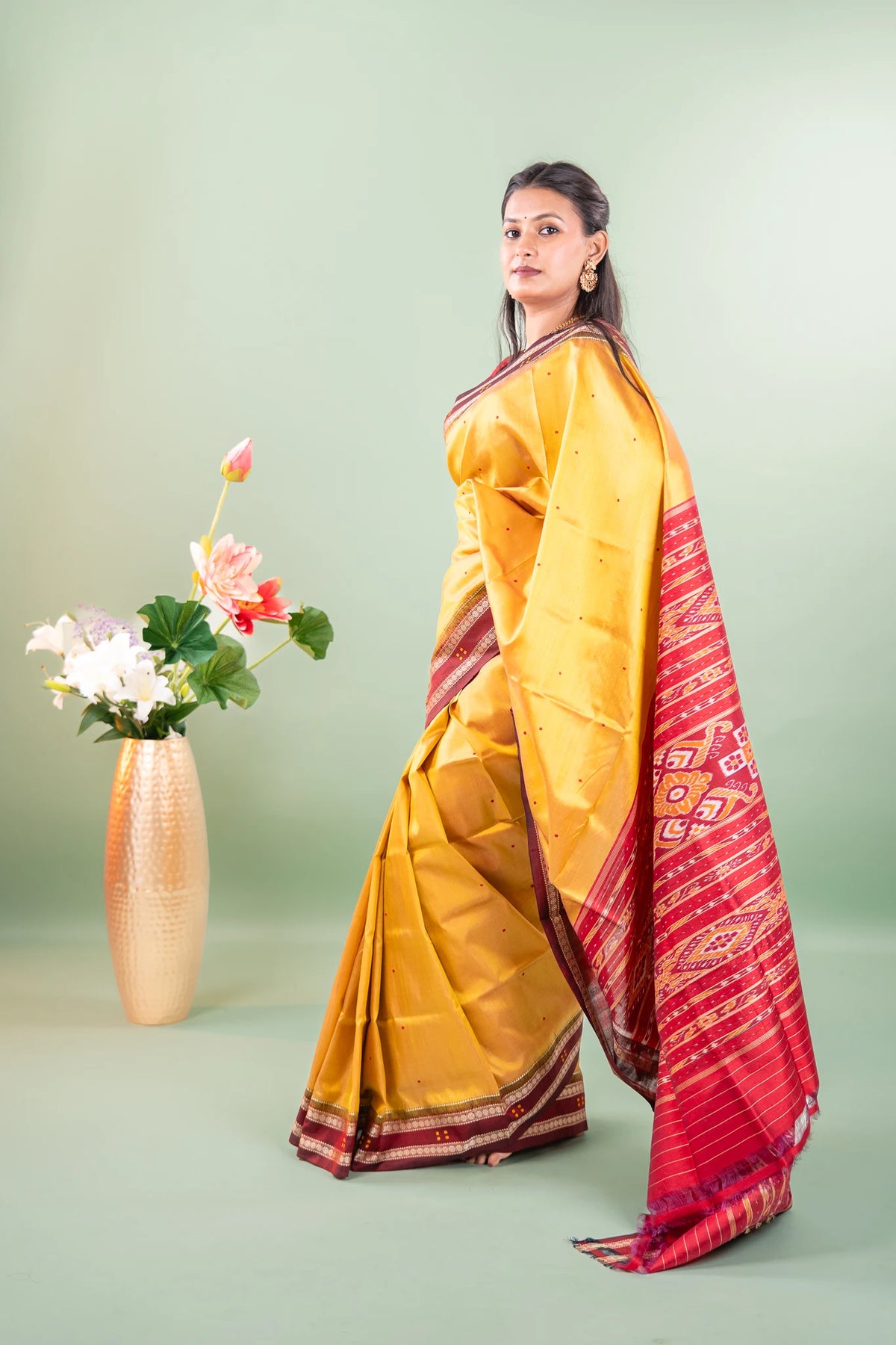 Mustard Maroon Booti Khandua Silk Saree